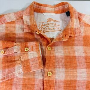 Tommy Bahama Mens Orange White Buffalo Plaid 100% Linen Long Sleeve Shirt Large